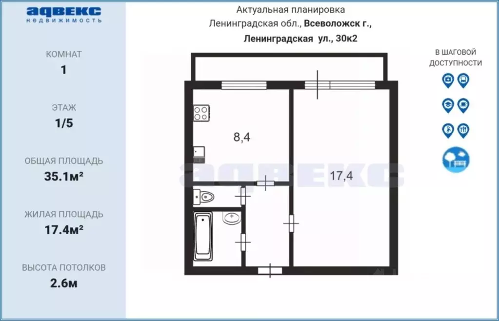 1-к кв. Ленинградская область, Всеволожск Ленинградская ул., 30к2 ... - Фото 2