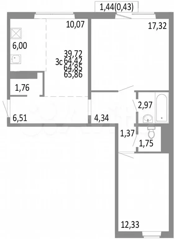 3-к. квартира, 64,9 м, 7/10 эт. - Фото 0