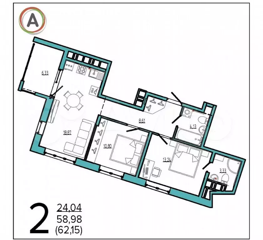 2-к. квартира, 62,2 м, 13/16 эт. - Фото 1