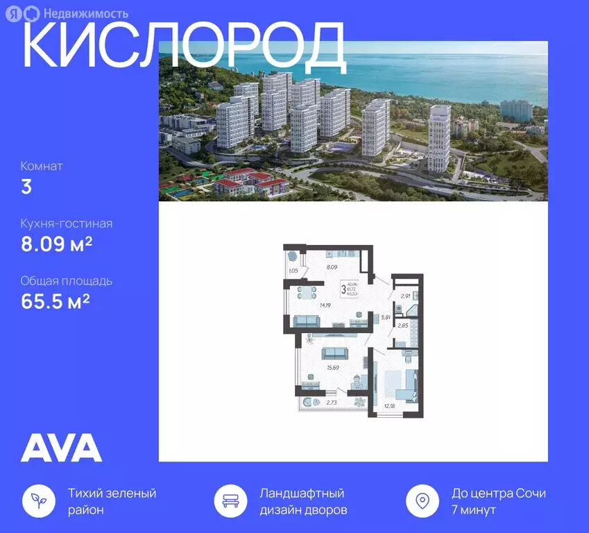 3-комнатная квартира: Сочи, жилой комплекс Кислород (65.5 м) - Фото 0