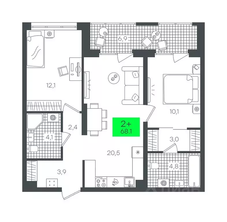 2-к кв. Тюменская область, Тюмень ул. Василия Малкова, 19 (68.15 м) - Фото 0