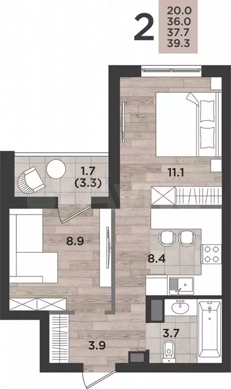 2-к. квартира, 37,7 м, 14/14 эт. - Фото 1