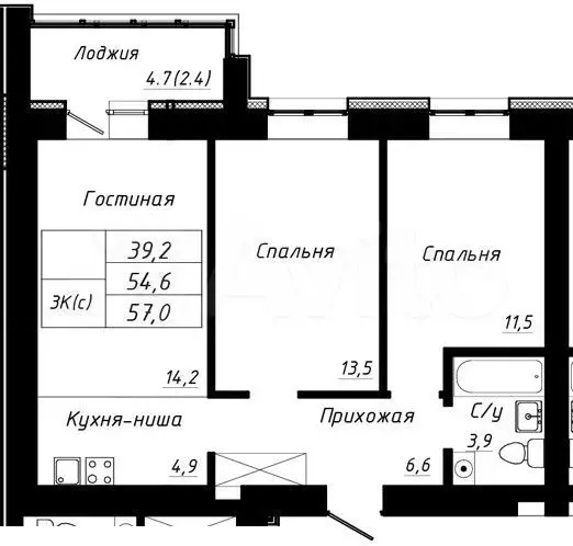 3-к. квартира, 57 м, 1/10 эт. - Фото 1