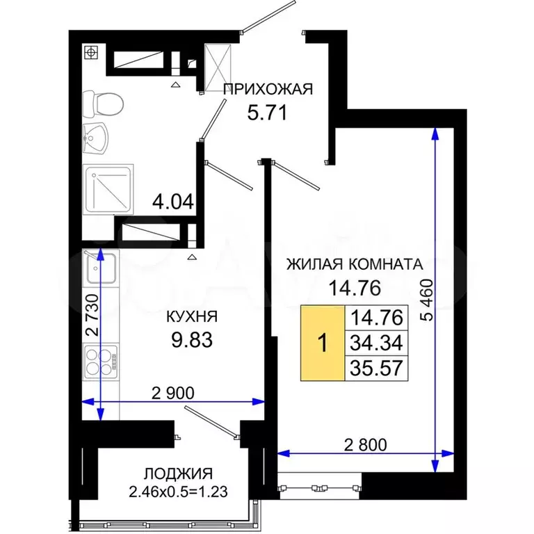 1-к. квартира, 35,6 м, 3/25 эт. - Фото 0