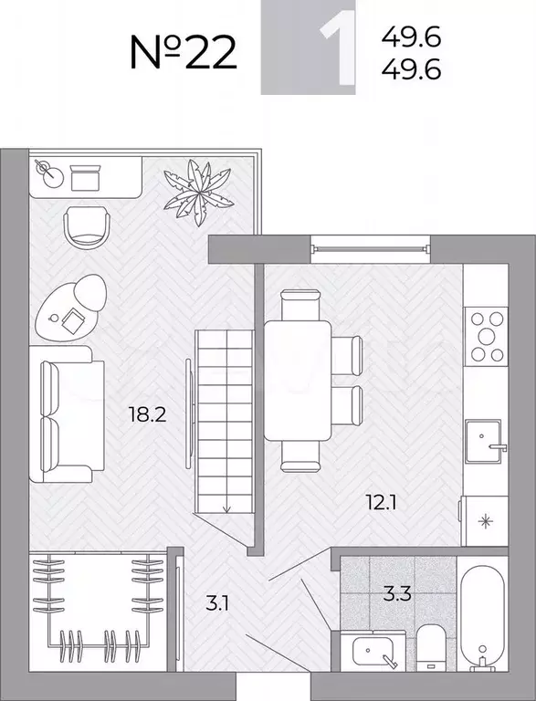 1-к. квартира, 49,6 м, 4/4 эт. - Фото 0