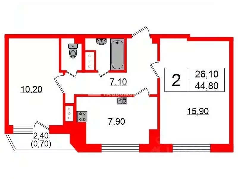 2-к кв. Санкт-Петербург ул. Вавиловых, 10к1 (44.8 м) - Фото 1