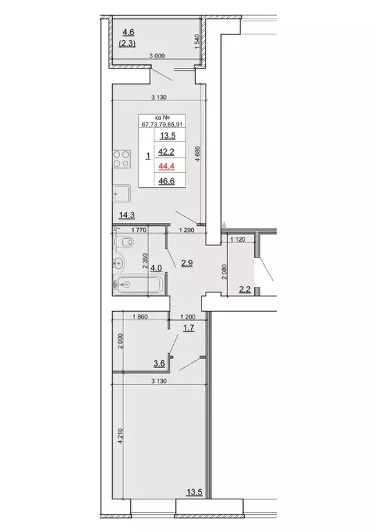 1-к кв. Костромская область, Кострома Новый город мкр,  (44.4 м) - Фото 1