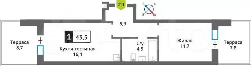 1-к. квартира, 43,5 м, 1/9 эт. - Фото 0