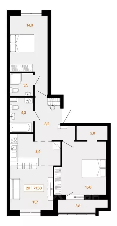 2-к кв. Ханты-Мансийский АО, Ханты-Мансийск Самаровская ул., 2А (71.3 ... - Фото 0