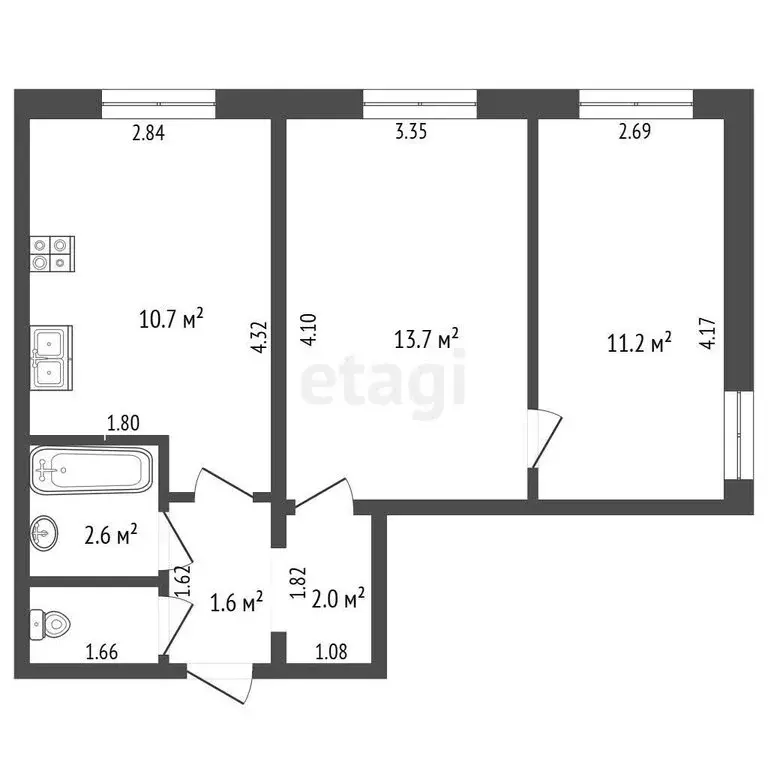 2-комнатная квартира: посёлок Бабынино, Зелёная улица, 7 (43.2 м) - Фото 1