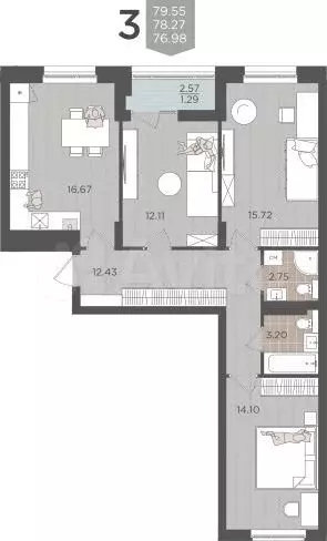 3-к. квартира, 78,3 м, 7/9 эт. - Фото 1