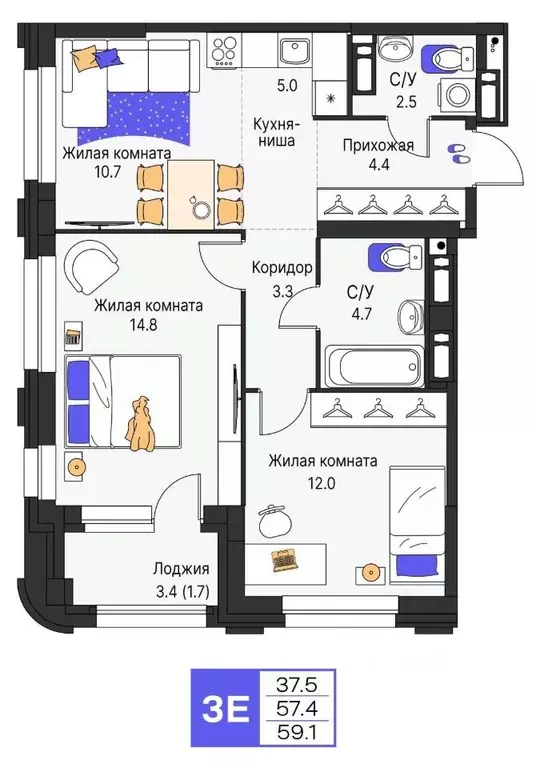 3-к кв. Пермский край, Пермь ул. Карла Модераха, 7 (59.1 м) - Фото 1