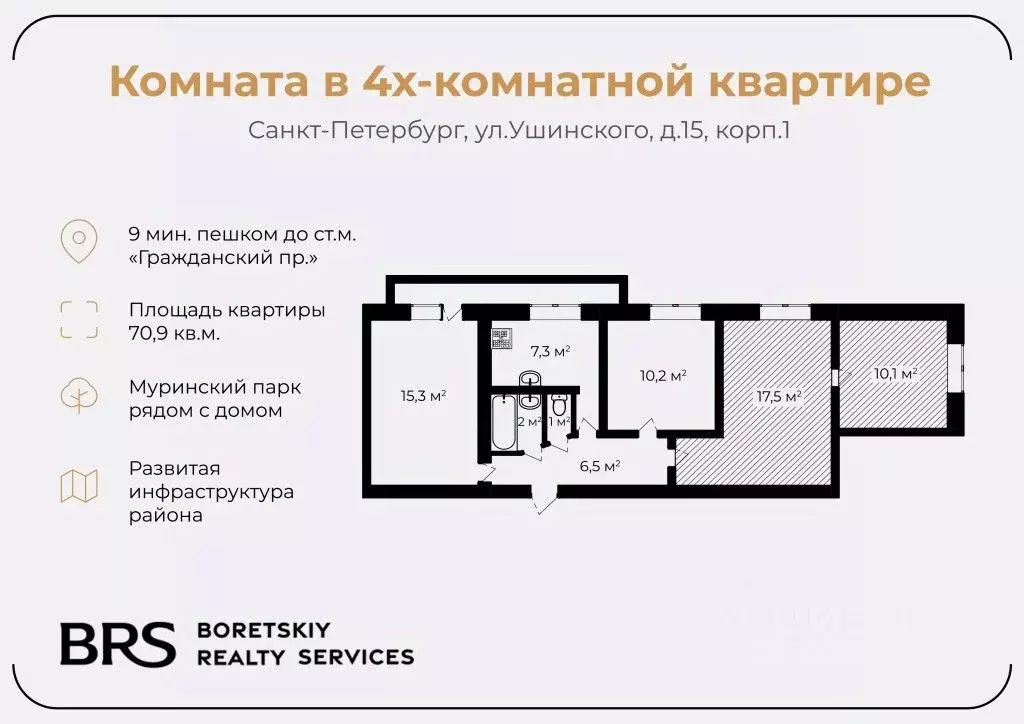 Комната Санкт-Петербург ул. Ушинского, 15К1 (27.6 м) - Фото 1