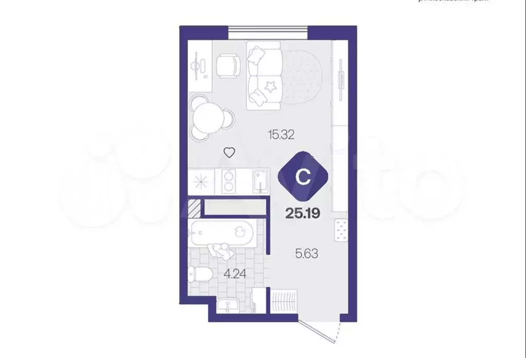 Квартира-студия, 25,2 м, 8/14 эт. - Фото 1