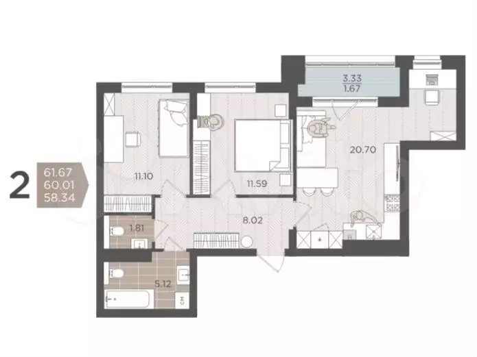 2-к. квартира, 60 м, 4/9 эт. - Фото 1