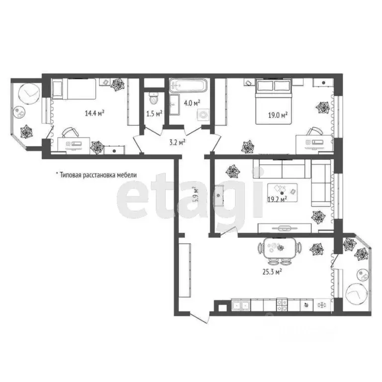 3-к кв. Тюменская область, Тюмень ул. Федюнинского, 60к2 (92.5 м) - Фото 2