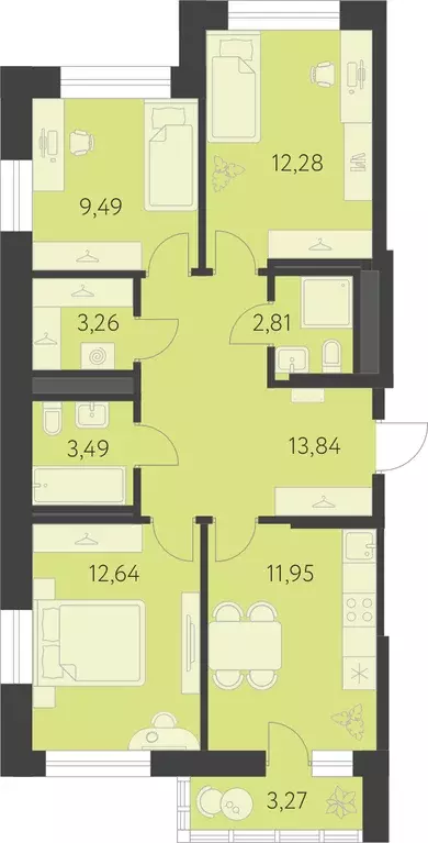 3-к квартира, 71.4 м - Фото 0