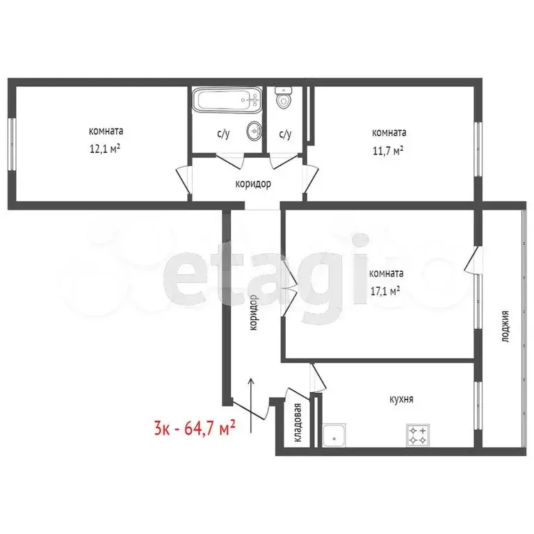 3-к. квартира, 62,7 м, 6/9 эт. - Фото 0