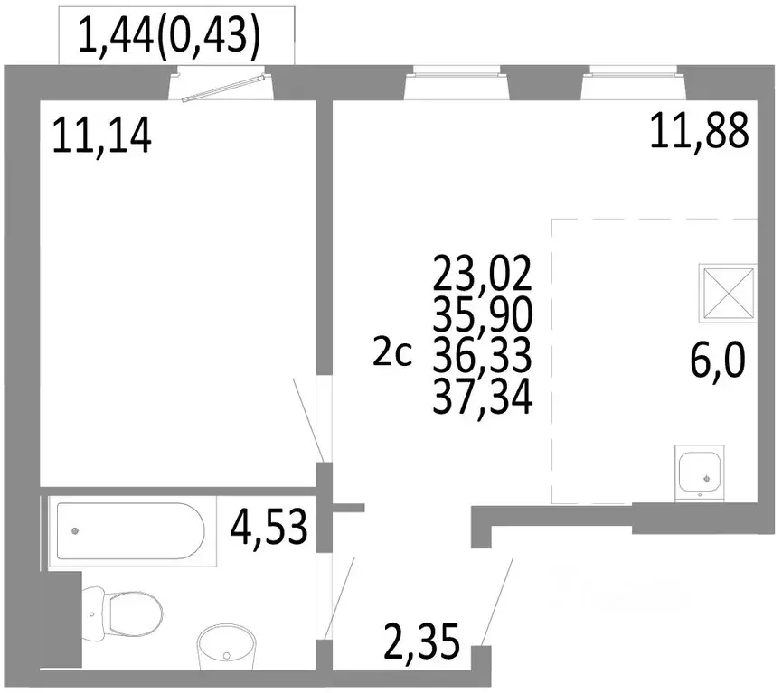 2-к кв. Челябинская область, Челябинск ул. Блюхера, 125В (36.33 м) - Фото 0