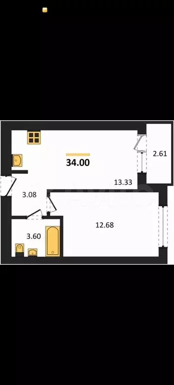 1-к. квартира, 35,3 м, 3/9 эт. - Фото 1