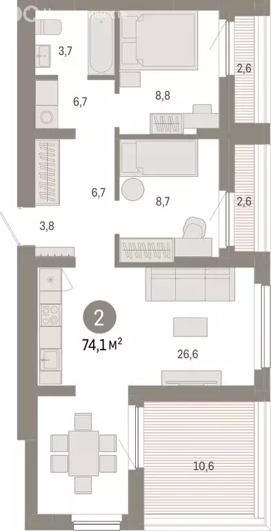 2-комнатная квартира: Новосибирск, квартал Лебедевский (74.1 м) - Фото 1