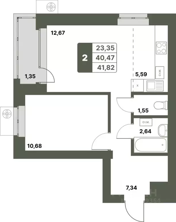 2-к кв. Башкортостан, Уфимский район, с. Миловка  (41.82 м) - Фото 0