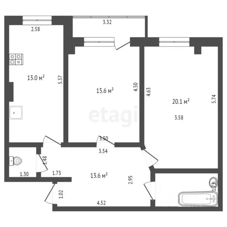 2-к кв. Ростовская область, Таганрог ул. Адмирала Крюйса, 23/9 (58.0 ... - Фото 2