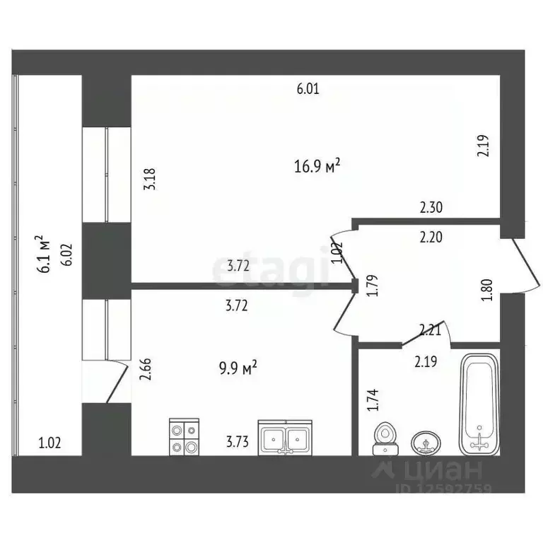 1-к кв. Тамбовская область, Тамбов ул. Киквидзе, 71Г (34.6 м) - Фото 1
