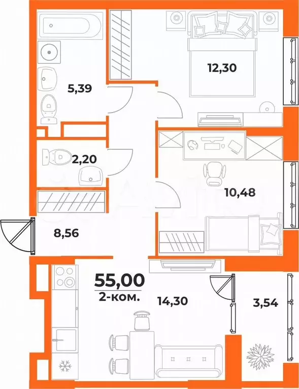 2-к. квартира, 55 м, 2/10 эт. - Фото 0