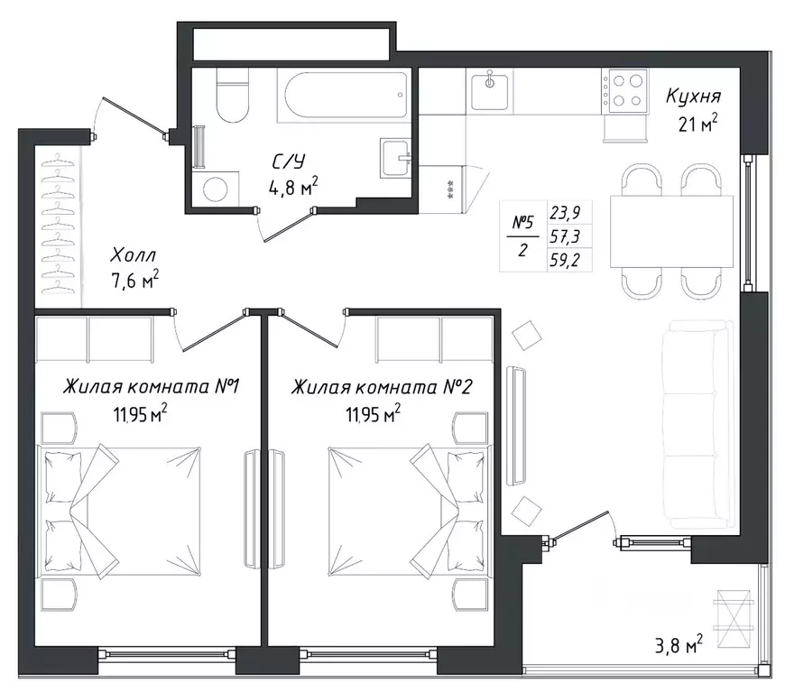 2-к кв. Калужская область, Калуга Комфорт Парк жилой комплекс (59.4 м) - Фото 2
