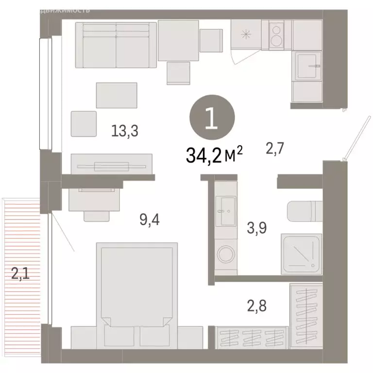 1-комнатная квартира: Новосибирск, квартал Лебедевский, 1/3 (34.2 м) - Фото 2