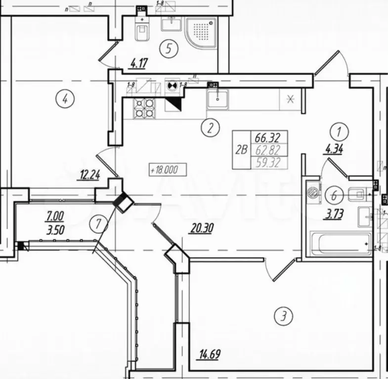 2-к. квартира, 62,8 м, 2/8 эт. - Фото 1