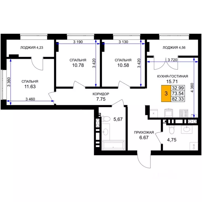 3-к кв. Калининградская область, Гурьевск Включи жилой комплекс (82.33 ... - Фото 1