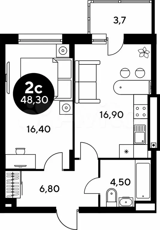 1-к. квартира, 48,3 м, 2/9 эт. - Фото 1