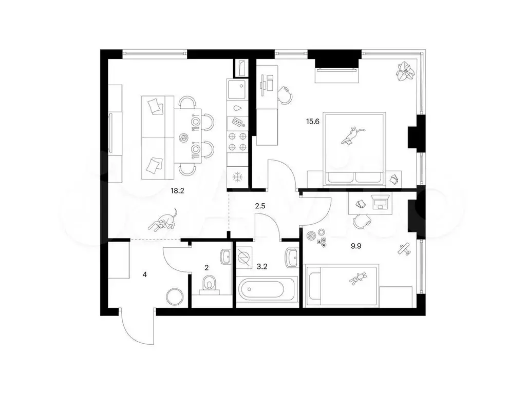 2-к. квартира, 55,4 м, 24/32 эт. - Фото 0