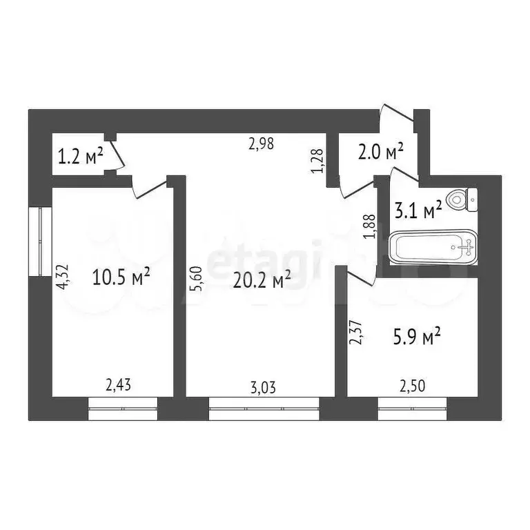 2-к. квартира, 42,9 м, 2/5 эт. - Фото 0