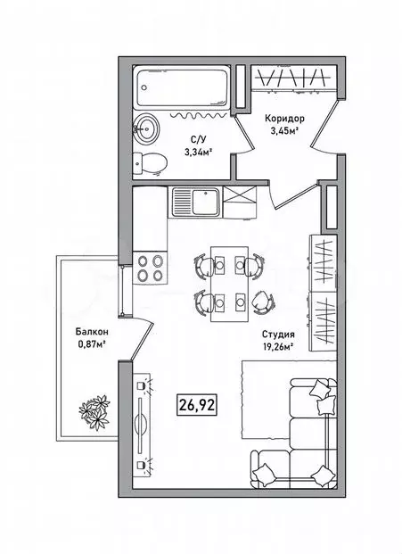 Квартира-студия, 26,9м, 8/10эт. - Фото 1