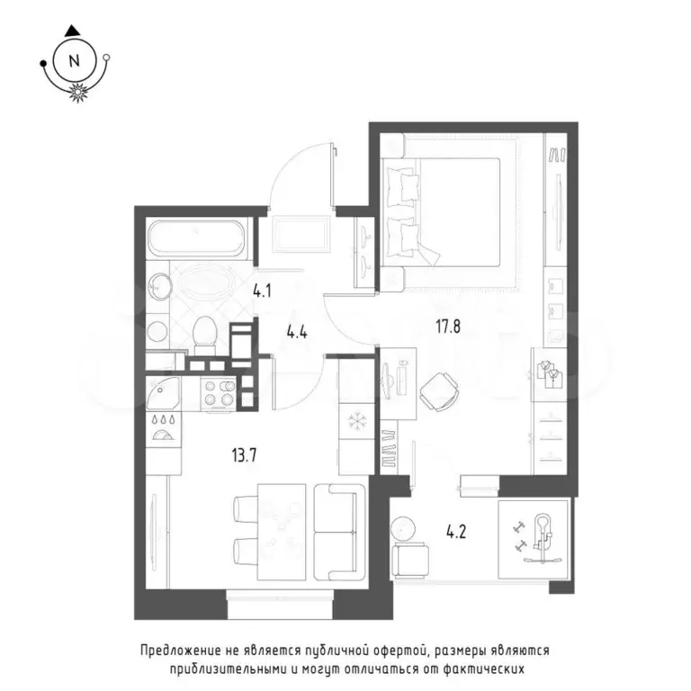 1-к. квартира, 42,1 м, 7/9 эт. - Фото 1