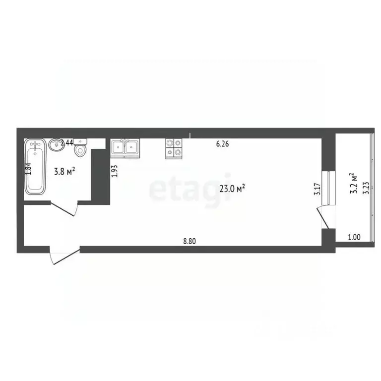 Студия Тюменская область, Тюмень ул. Тимофея Чаркова, 28 (26.8 м) - Фото 2