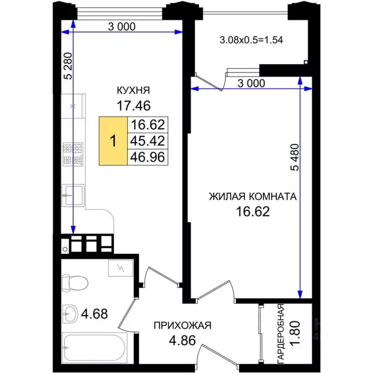 1-к кв. Краснодарский край, Новороссийск 5-я Бригада мкр,  (46.96 м) - Фото 1