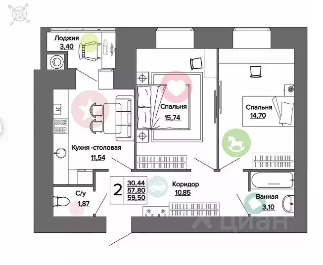 2-к кв. Рязанская область, Рязань ул. Княжье Поле, 10 (59.5 м) - Фото 1