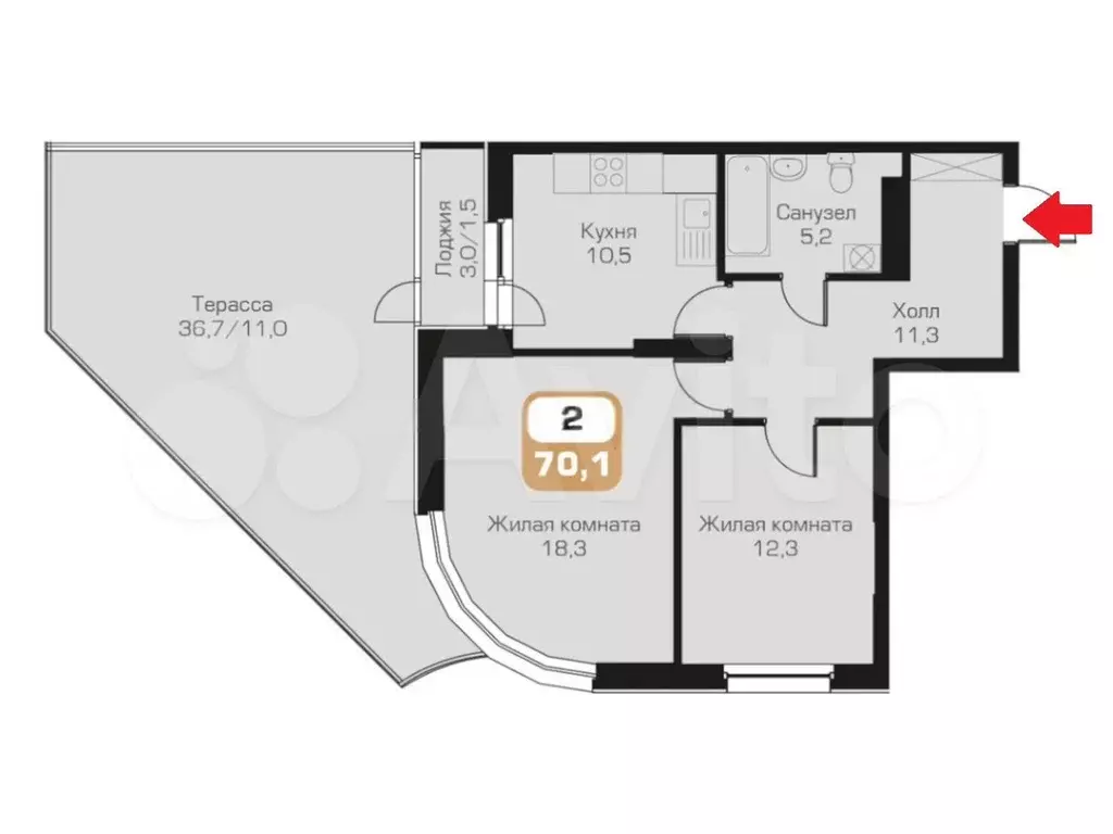 2-к. квартира, 71 м, 4/23 эт. - Фото 0