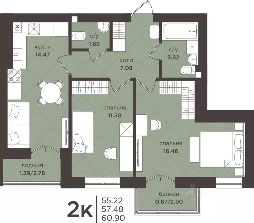 2-к кв. Калининградская область, Гурьевск  (57.48 м) - Фото 1