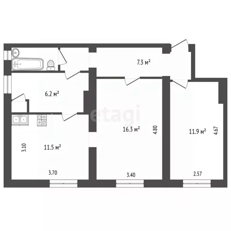 2-к кв. Псковская область, Псков ул. Гагарина, 9 (56.0 м) - Фото 2