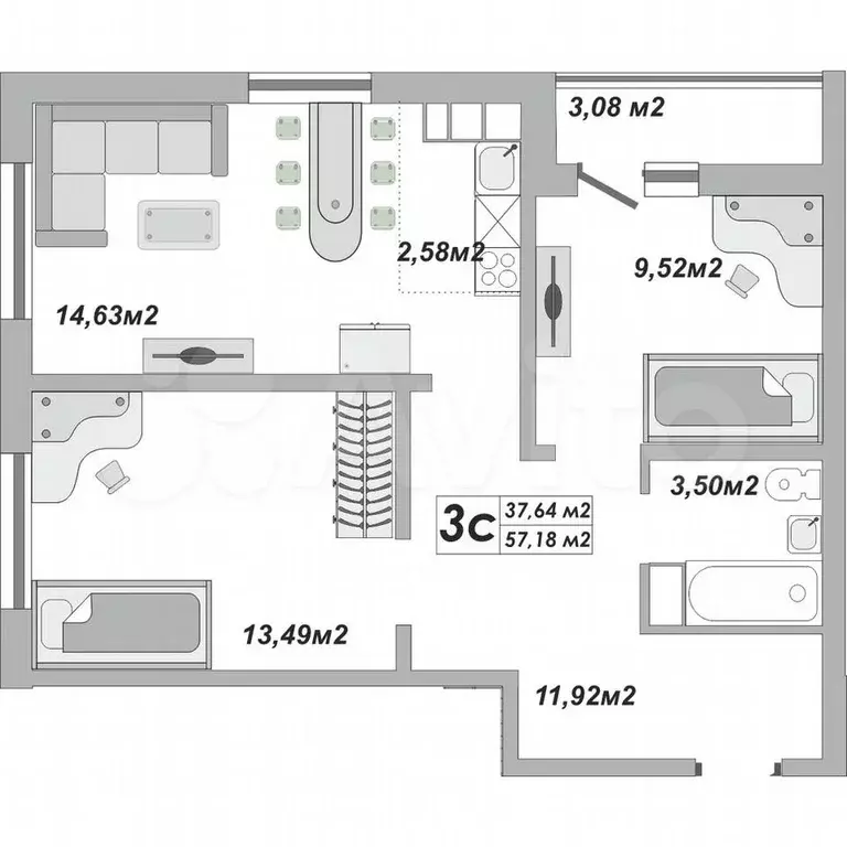 3-к. квартира, 60 м, 4/25 эт. - Фото 1