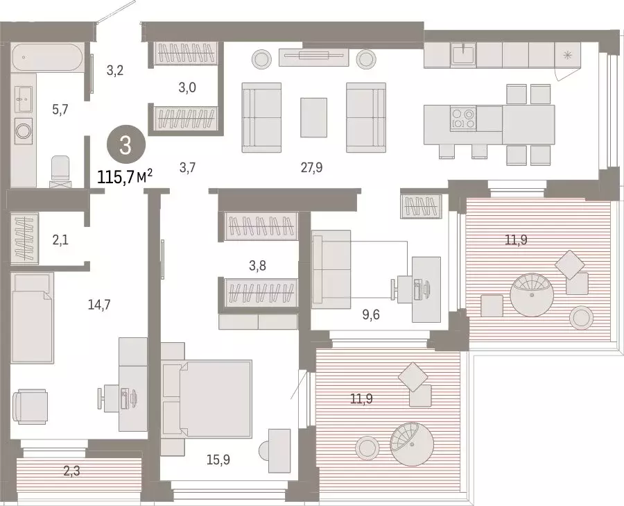 3-комнатная квартира: Тюмень, жилой комплекс Зарека (115.69 м) - Фото 1