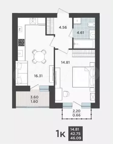 1-к. квартира, 46,1 м, 9/9 эт. - Фото 1