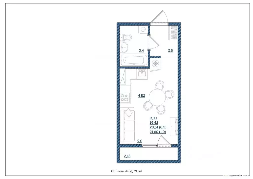 Студия Тверская область, Тверь Новочеркасская ул., 49 (21.6 м) - Фото 2