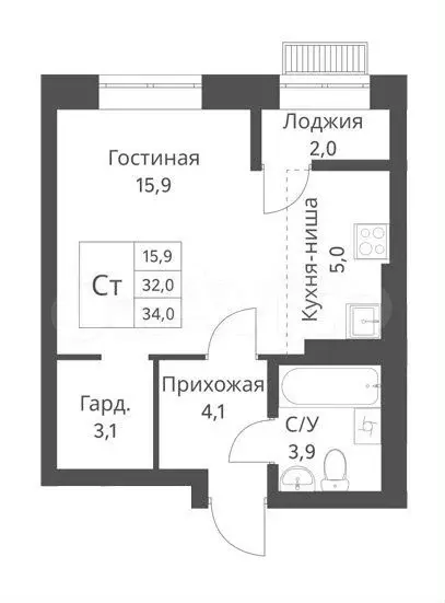 Квартира-студия, 34 м, 8/18 эт. - Фото 0