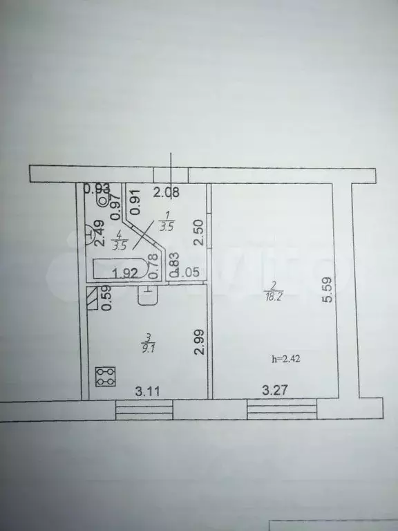 1-к. квартира, 34,3 м, 3/5 эт. - Фото 0